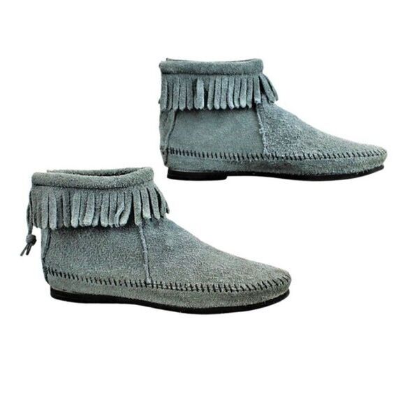 Leather Moccasin Bootie Fringe Ankle Zip Back Soft Rubber Sole Blue Gray Size 6 - Picture 7 of 10